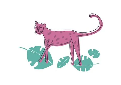 Abstract pink leopard standing on green tropical leaves. Wild cat with spotted 스톡 일러스트