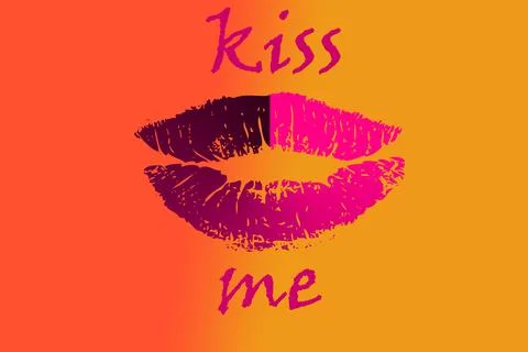 Abstract pink lips isolated on orange background, pink lips print 스톡 일러스트