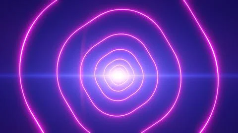 Abstract pink neon rounded rings glowing around a bright center on a blue b.. Stock Illustration
