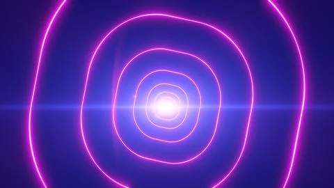 Abstract pink neon rounded rings glowing around a bright center on a blue b.. Stock Illustration