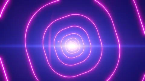 Abstract pink neon rounded rings glowing around a bright center on a blue b.. Stock Illustration
