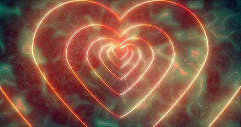 Abstract pink neon sci-fi tunnel in heart form on blue smoky/water background Stock Footage 123556602