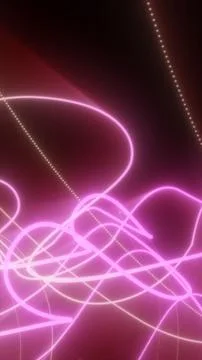 Abstract pink neon scribble lines and glowing curves over a dark background.. 库存插图