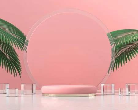 Abstract pink platform podium showcase for product display with palm leaves.. Stock Photos