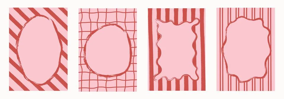 Abstract pink red frames with checkered, striped, wavy doodle outlines. Retro Stock Illustration