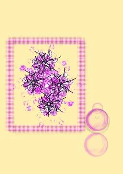 Abstract Pink Scribble Flower Mandalas with Grid Border and Sphere Accents, Grap Illustrazione stock