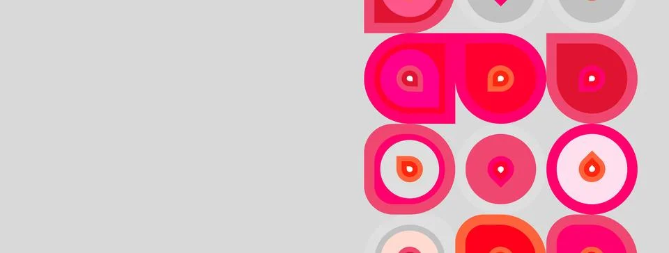 Abstract pink shapes repeat over light gray background. Circles, squares, Ilustração Stock