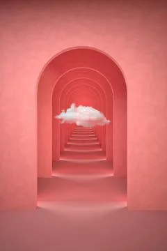 Abstract pink surreal 3d render with white cloud. Arch corridor pastel pink Stock Illustration