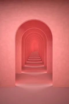 Abstract pink surreal 3d render. Arch corridor pastel pink background Stock Illustration