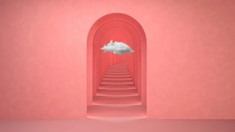 Abstract pink surreal 3d render with white cloud. Arch corridor pastel pink Illustrazione stock