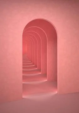 Abstract pink surreal 3d render. Arch corridor pastel pink background Stock Illustration