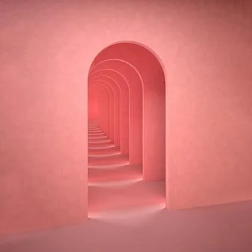 Abstract pink surreal 3d render. Arch infinite corridor pastel pink background Stock Illustration