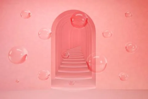 Abstract pink surreal 3d render with bubbles. Arch corridor pastel pink Stock Illustration