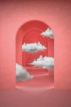 Abstract pink surreal 3d render with white clouds. Arch corridor pastel pink 스톡 일러스트