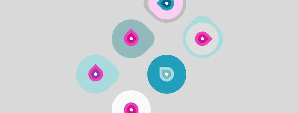 Abstract pink, teal droplets float upon light gray background. Simple shapes Stock Illustration