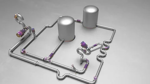 Abstract pipe structure.There are lots of pipes, pumps, compressors, gears Stock Footage 100922361