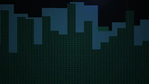 Abstract Pixel Art Cityscape Animation Loop with Dark Blue and Green Tones. Stock Footage 341803218
