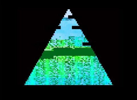 Abstract Pixel Art Neon Green Cyan Pyramid Mountain with Glowing Gradient Lay Stock Illustration