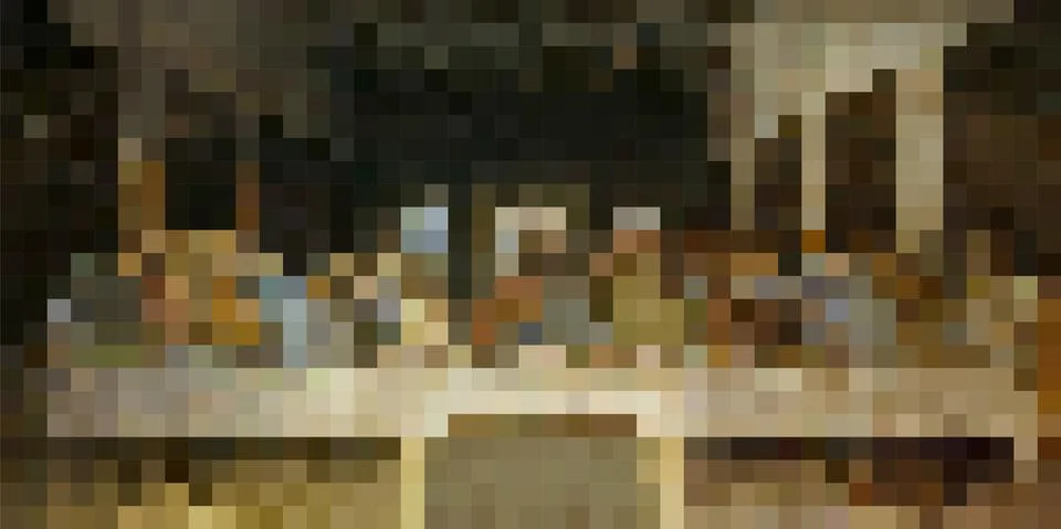 Abstract pixel art on the theme of the Last Supper. Vector Stock Illustration