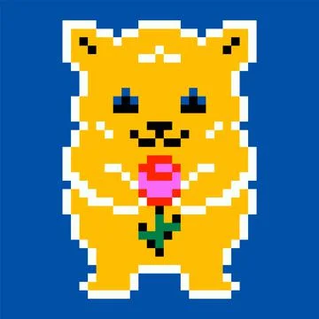 Abstract pixel bear. Modern cute pixel animal with rose flower. Retro colorful Stock Illustration