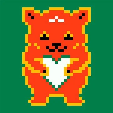 Abstract pixel bear. Modern cute pixel animal holding heart. Retro colorful art Stock Illustration
