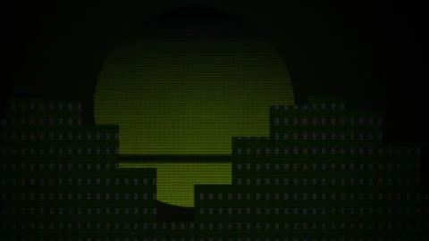 Abstract pixelated cityscape with a large yellow moon behind buildings. Vídeo Stock 333918742