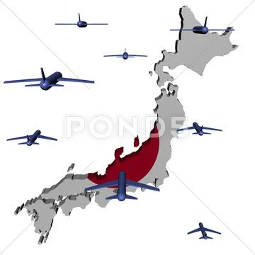 Abstract planes flying towards japan map flag illustration Stock Illustration