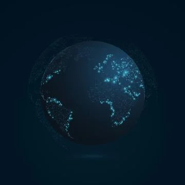 Abstract planet on a dark blue background. Earth. World map. Blue light. Sci- Stock Illustration
