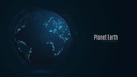 Abstract planet on a dark blue background. Earth. World map. Blue light. Sci- Stock Illustration
