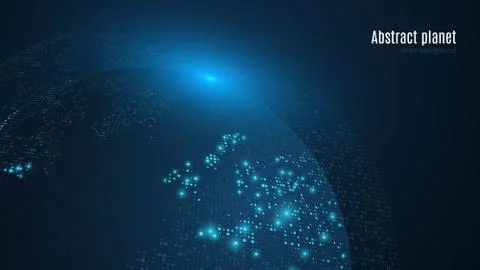 Abstract planet on a dark blue background. Earth. World map. Blue light. Sci- 库存插图
