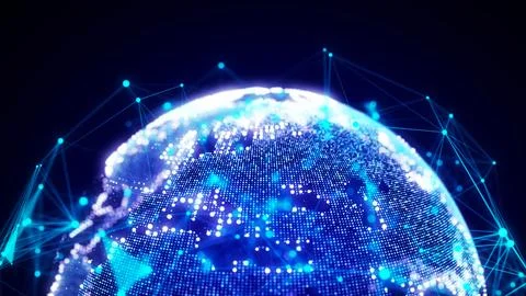 Abstract planet Earth with particles and a connected shell with lines. Global Stock Illustration