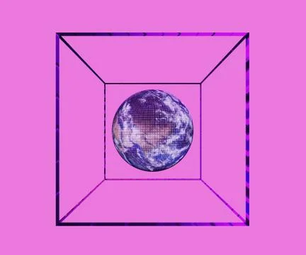 Abstract planet Earth with wireframe in cube on pink background, 3d render Stock Illustration