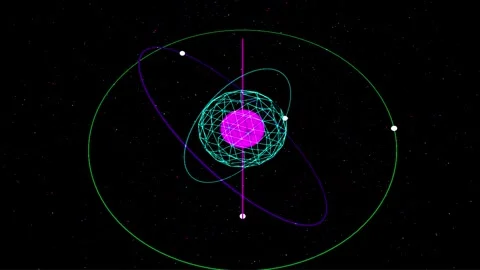 Abstract planetary system orbits with glowing nebulae in deep space during .. Stock-Footage 345670718