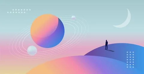 Abstract planets on a background of wireframe geometric shapes. Abstract draw Stock Illustration