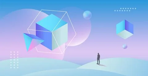 Abstract planets on a background of wireframe geometric shapes. Abstract draw Stock Illustration