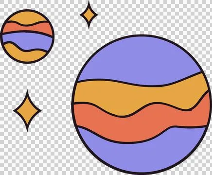 Abstract planets floating over transparent field with wavy bands and star icons, Ilustração Stock