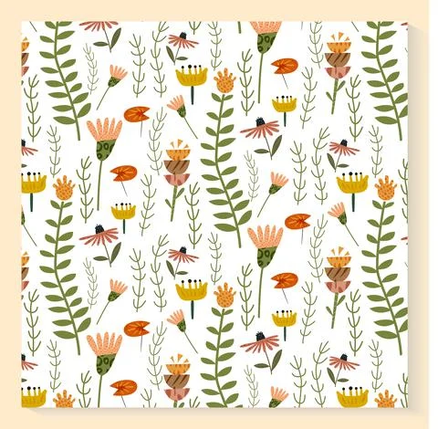 Abstract plants seamless pattern with hand drawing wild field herbs and flowers Stock Illustration