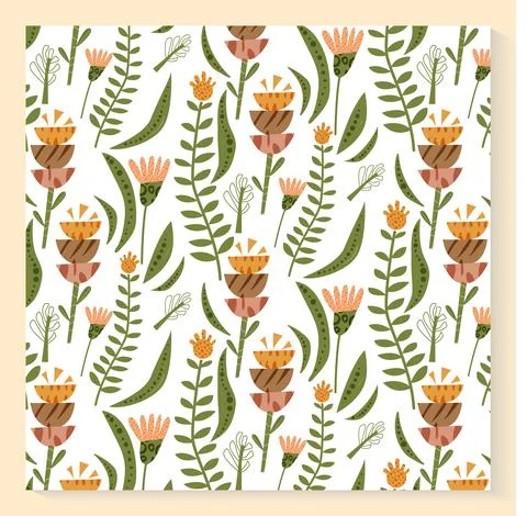 Abstract plants seamless pattern with hand drawing wild field herbs and flowers Stock Illustration