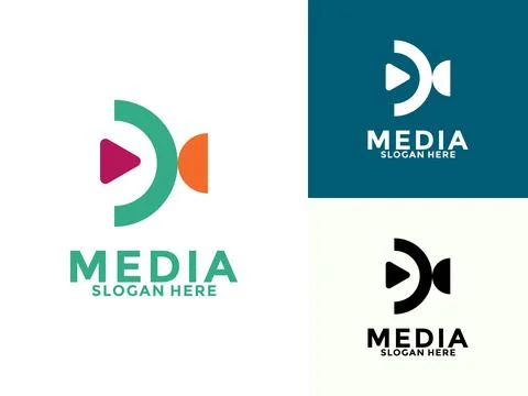 Abstract Play button with Camera logo icon vector, Cinema Logo template desig Stock Illustration