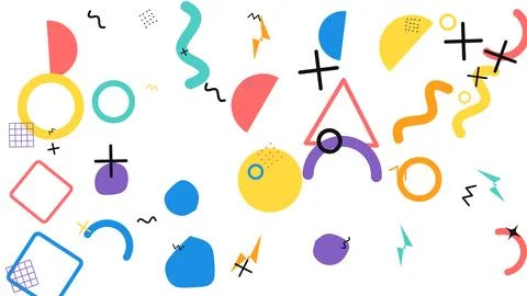 Abstract playful memphis style elements with diverse shapes and vibrant color Stock Illustration