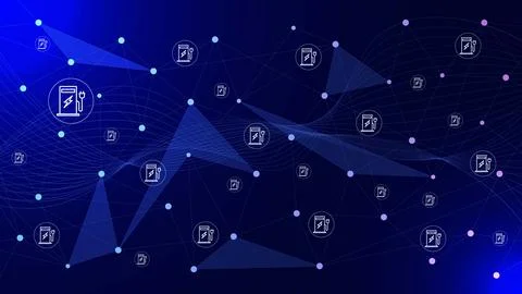 Abstract plexus with connected dots lines and EV charging station Illustrazione stock