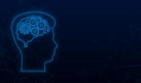 Abstract plexus icon with silhouette man head gears on light background. Mental Illustrazione stock