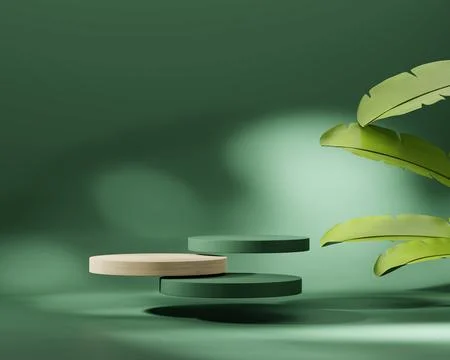 Abstract Podium Platform Product Display with Banana Leaves 3D Rendering Stock Illustration
