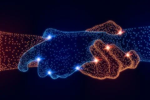 Abstract point glowing particles of shaking hands on dark background. Busin.. Stock Illustration