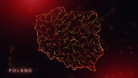 Abstract Poland Map Digital Network Background With Red And Orange Plexus Dot Stock Illustration