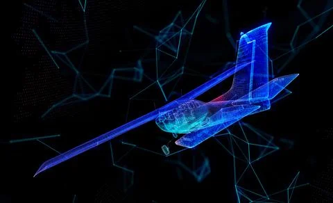 Abstract polygonal airplane on black background. AI and teamwork concept. Stock Illustration