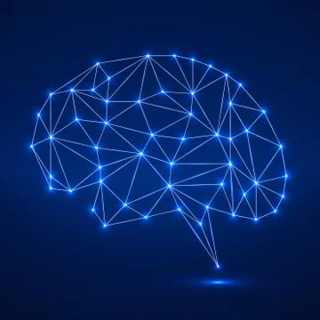 Abstract polygonal brain with glowing dots and lines, network connections Illustrazione stock
