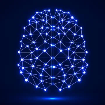 Abstract polygonal brain with glowing dots and lines, network connections Illustrazione stock