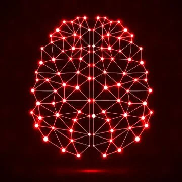 Abstract polygonal brain with glowing dots and lines, network connections Stock Illustration
