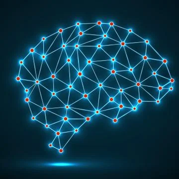 Abstract polygonal brain with glowing dots and lines, network connections Illustrazione stock